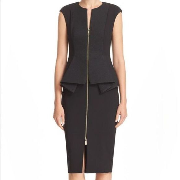 Ted Baker Jumana Zip Front Peplum Sheath Zip Up Fitted Black Dress Ted Size 1 - Picture 2 of 10